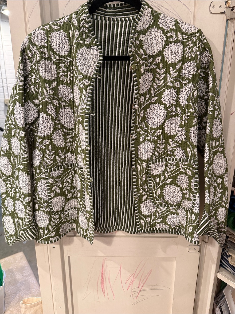 Olive & White Floral Quilted Jacket